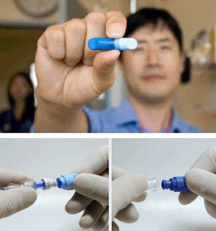 Image: The DualCap disinfecting tool composed of two caps (photo courtesy Catheter Connections).